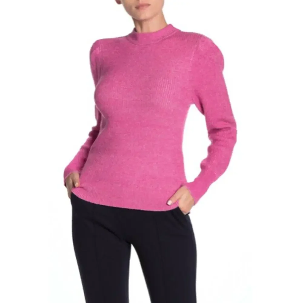 FREE PRESS Womens Sweater Size M Pink Mock Neck Puff Sleeve Pull Over Fitted Top - Picture 3 of 9